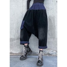 Elegant patchwork wild trousers plus size clothing black Fabrics pockets pants