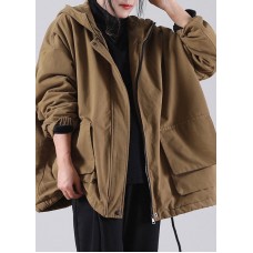 Unique Khaki Hooded drawstring Warm Fleece Jacket In Winter Winter