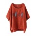 French Red Summer O-Neck Embroideried Linen Half Sleeve T Shirt