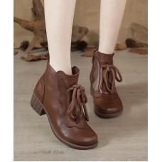 Brown Boots Chunky Cowhide Leather Fashion Lace Up Boots