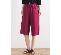 Women's summer new loose high waist five points wide leg pants linen burgundy straight shorts