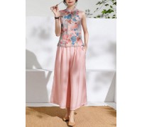 Summer  elastic waist pink temperament wide-leg pants