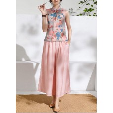 Summer  elastic waist pink temperament wide-leg pants