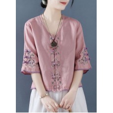 Fashion Pink Embroideried Button Shirts Half Sleeve