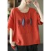 French Red Summer O-Neck Embroideried Linen Half Sleeve T Shirt