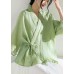 Elegant Green V Neck Butterfly Sleeve Tie Waist Summer Linen Tops