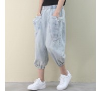 tyle summer wild pants plus size clothing light denim blue Work pockets trousers