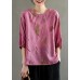 Elegant Pink O-Neck Embroideried Summer Linen Blouses