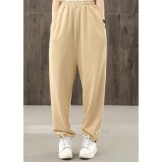 Khaki pockets decoration elastic waist casual pants loose harem pants