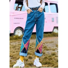 Elegant high waist pants fall fashion denim blue design patchwork pant