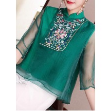 Style Green Stand Collar button Embroideried Chiffon Top Half Sleeve