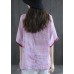 Casual Pink Print Patchwork Summer Linen Shirt Half Sleeve